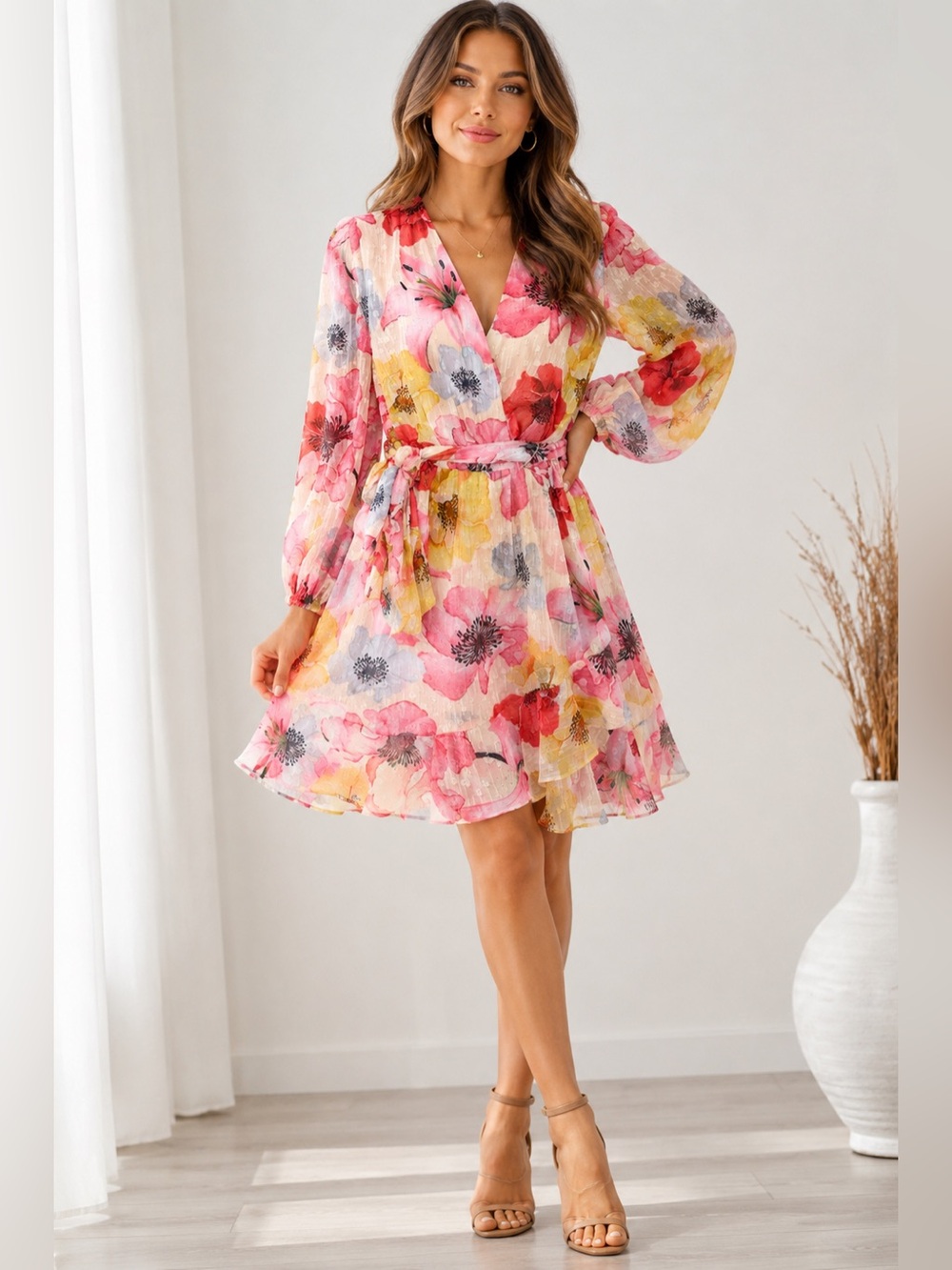 Alex Marie Laurel Floral Print crinkle chiffon Long Sleeve surplice Dress 12
